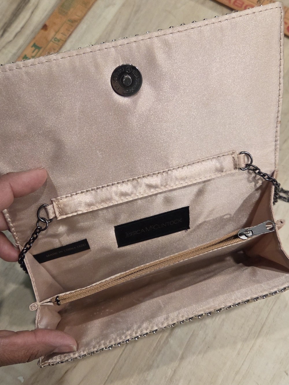 Jessica McClintock Taupe Sequined Chain Clutch - Picture 3 of 4